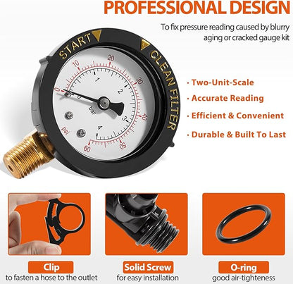 98209800 High Flow Manual Relief Valve/Air Relief Manual Valve Assembly with Pressure Gauge, Replacement for Pool and Spa Filter (2 PACK-98209800)
