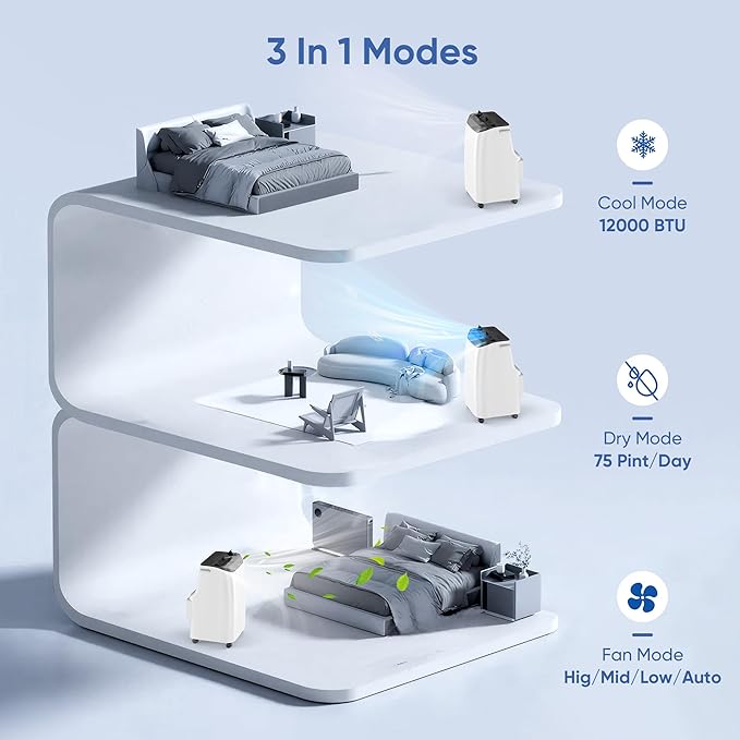 12000 BTU Portable Air Conditioners Cools Up to 500 Sq.Ft, Portable AC Unit with Cool, Dry, Fan Modes, Standing AC Unit with Remote Control and Installation Kit