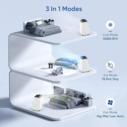 12000 BTU Portable Air Conditioners Cools Up to 500 Sq.Ft, Portable AC Unit with Cool, Dry, Fan Modes, Standing AC Unit with Remote Control and Installation Kit