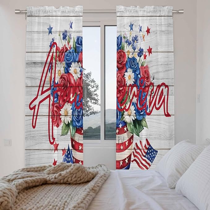 Independence Day Window Curtains 72 Inch Long 2 Panel Set, Rod Pocket Long Curtains & Drapes, 4 of July Rose Wooden Grain Vintage Light Filtering Window Treatment for Bedroom Living Room 52"W x 72"L
