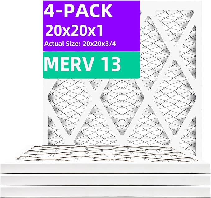 20x20x1 MERV 13 (4-Pack) Pleated Air Filter (Actual Size: 19.75"x19.75"x0.75") MPR 1900 & FPR 10, Furnace Air Filters, 20x20x1 air filter