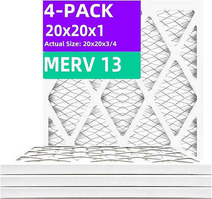 20x20x1 MERV 13 (4-Pack) Pleated Air Filter (Actual Size: 19.75"x19.75"x0.75") MPR 1900 & FPR 10, Furnace Air Filters, 20x20x1 air filter