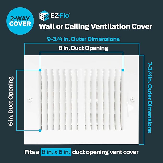 EZ-FLO 8 x 6 Inch (Duct Opening) Air Vent Cover for Wall or Ceiling, Two-Way Ventilation Register, Solid Steel HVAC Register Cover, White, 61661