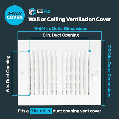EZ-FLO 8 x 6 Inch (Duct Opening) Air Vent Cover for Wall or Ceiling, Two-Way Ventilation Register, Solid Steel HVAC Register Cover, White, 61661