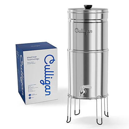 Culligan MaxClear 3 Gallon Gravity Water Filter System, Polished Stainless-Steel Countertop Water Filter NSF/ANSI Certified to Reduce Microplastics, Lead & Total PFAS, with 6 Ceramic Filters