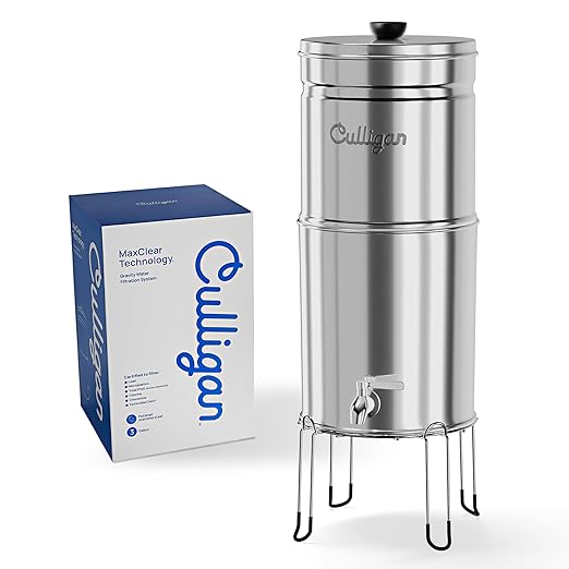 Culligan MaxClear 3 Gallon Gravity Water Filter System, Polished Stainless-Steel Countertop Water Filter NSF/ANSI Certified to Reduce Microplastics, Lead & Total PFAS, with 3 Ceramic Filters