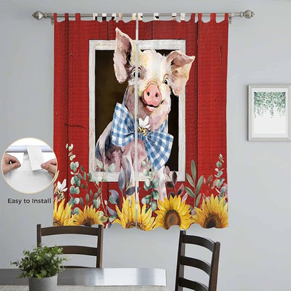 Pig Sunflowers Living Room Curtains 96 Inch Length, Window Curtains Tab Top, Eucalyptus Leaves Floral Bees Red Barn Light Filtering Window Treatments Drapes 52"x96" 2 Panel