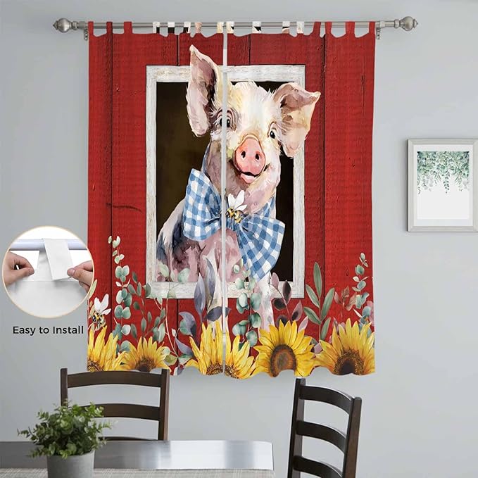Pig Sunflowers Living Room Curtains 84 Inch Length, Window Curtains Tab Top, Eucalyptus Leaves Floral Bees Red Barn Light Filtering Window Treatments Drapes 52"x84" 2 Panel