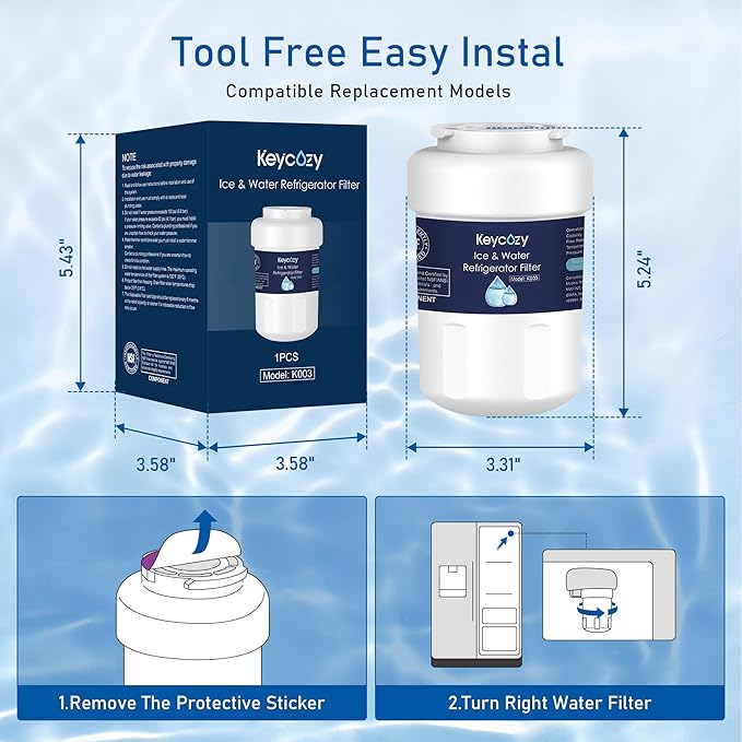 K003 Refrigerator Water Filter Replacement for GE MWF, martWater MWFP, MWFA, GWF, HDX FMG-1, WFC1201,WFC1201, RWF1060, 197D6321P006, PC75009,Kenmore 9991,GSE25GSHECSS, PSHS6PGZBESS (3)