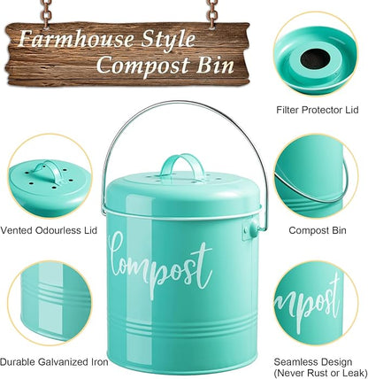 Teal Compost Bin - 1.3 Gallon Countertop Compost Bin with Lid - Rust Proof Compost Bucket - Teal Kitchen Decor