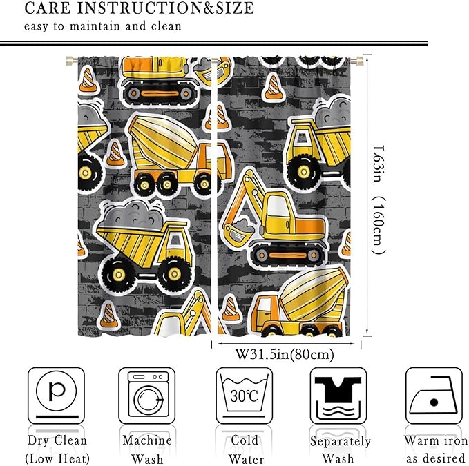 Kids Construction Excavator Window Curtains, Yellow Excavator Transporter Truck Cartoon Vehicles Rod Pocket Decorative Window Curtain for Children Teens Room 63x63in (30% Blackout)