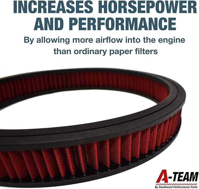 A-Team Performance High Flow Washable & Reusable Round Cotton Air Filter Element - 14x2 Inch Red - Engine Air Filter Compatible w/Buick/Chevrolet/GMC/Ford/Oldsmobile & Pontiac