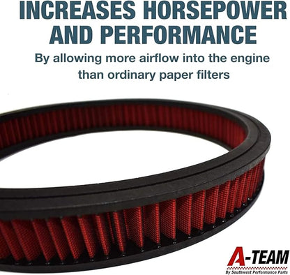 A-Team Performance High Flow Washable & Reusable Round Cotton Air Filter Element - 14x2 Inch Red - Engine Air Filter Compatible w/Buick/Chevrolet/GMC/Ford/Oldsmobile & Pontiac
