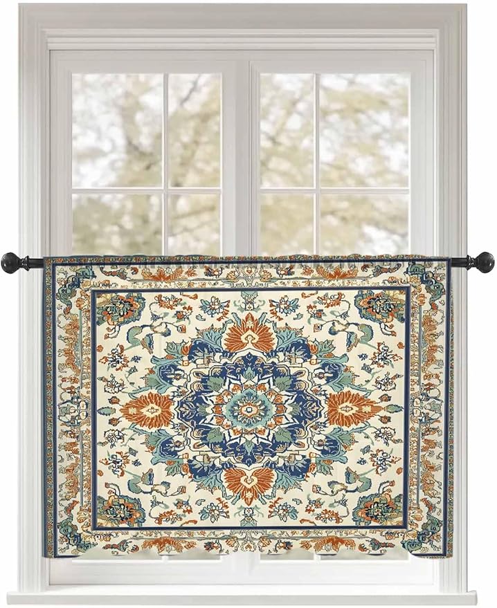 Sheer Curtains 54 Inch Length, Southwest Farmhouse Semi Sheer Curtains Light Filtering Window Treatment, Orange Blue Desert Bohemian Privacy Voile Drapes for Living Room Bedroom 52x54 Inch