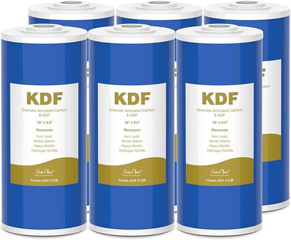 SimPure Whole House Water Filter Cartridges 10" x 4.5" GAC/KDF Carbon and Heavy Metal Filter, for DB10C-2KDF, DB10P, WGB21B-KS, FG15B-KS, GE FXHTC, GXWH40L, 6 Pack