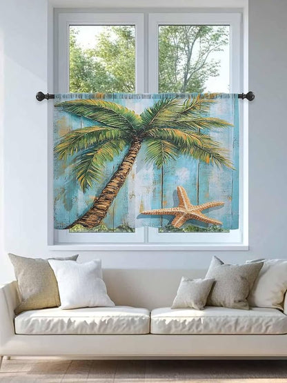 Sheer Curtains 54 Inch Length, Coastal Beach Tree Semi Sheer Curtains Light Filtering Window Treatment, Summer Tropical Starfish Wood Grain Privacy Voile Drapes for Living Room Bedroom 52x54 Inch
