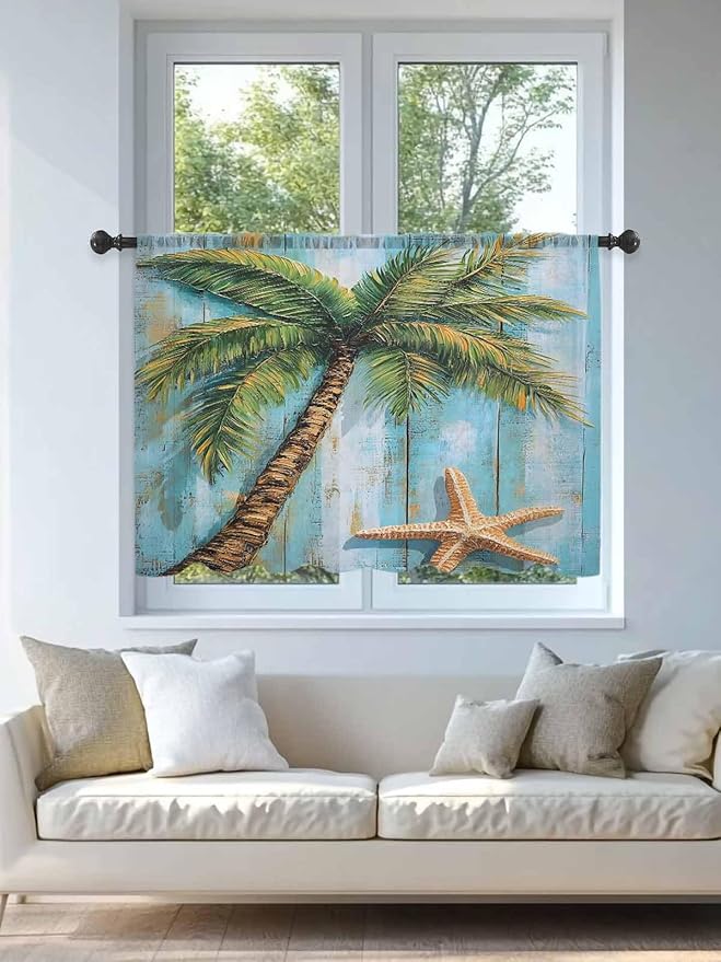 Sheer Curtains 45 Inch Length, Coastal Beach Tree Semi Sheer Curtains Light Filtering Window Treatment, Summer Tropical Starfish Wood Grain Privacy Voile Drapes for Living Room Bedroom 52x45 Inch