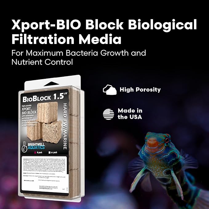 Brightwell Aquatics - Xport-BIO Block Aquarium Filter - Biological Filtration Media for Bacteria Growth, Nutrient Control & Control of Unwanted Nutrients - Aquarium Water Treatments, 8 Pack, 1.5 inch