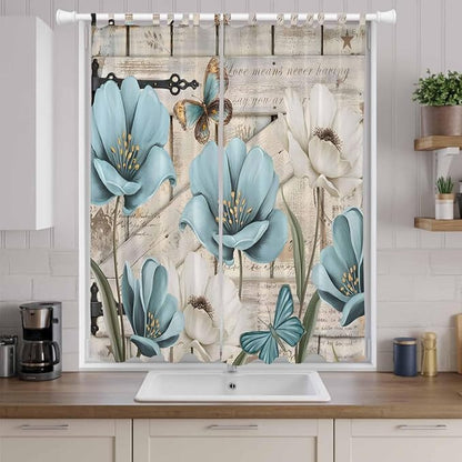 Teal Blue Tulips Living Room Curtains 96 Inch Length, Window Curtains Tab Top, Spring Floral Barn Doors Vintage Wood Beige Light Filtering Window Treatments Drapes 52"x96" 2 Panel