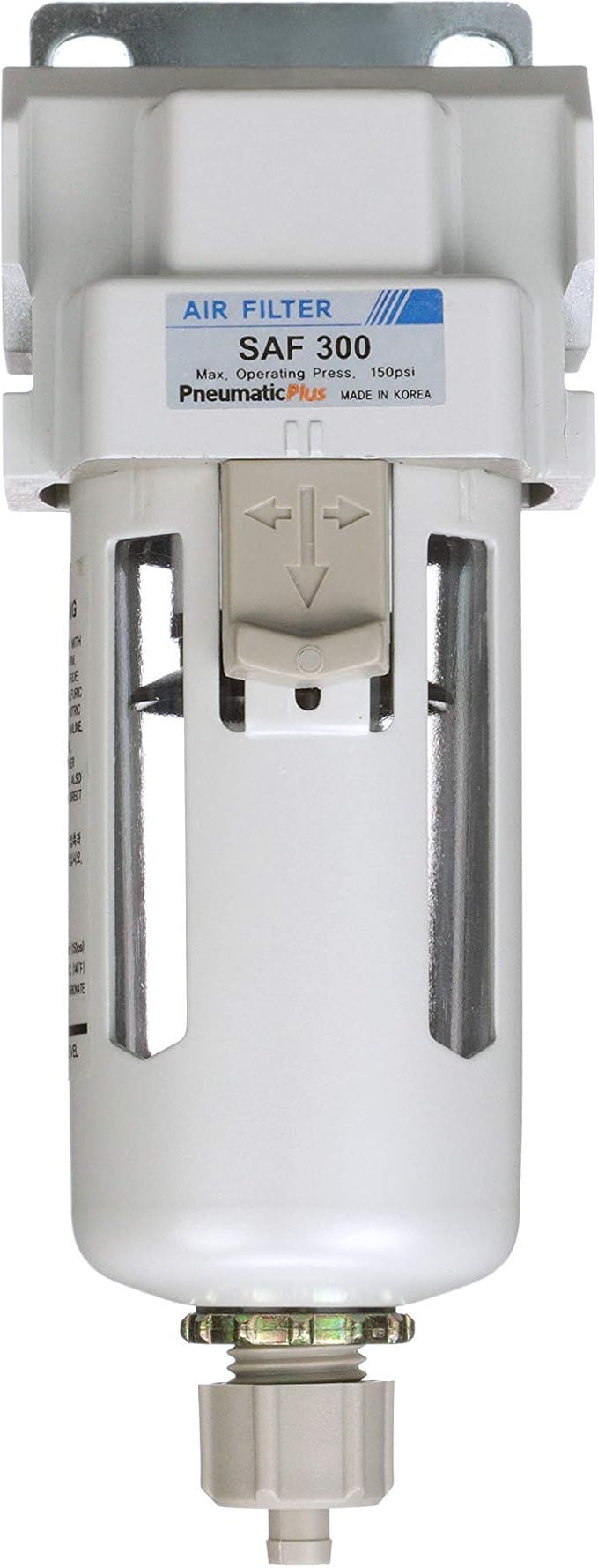 PneumaticPlus SAF300-N03B Compressed Air Particulate Filter 3/8" NPT, 10 Micron, Poly Bowl, Manual Drain, Bracket