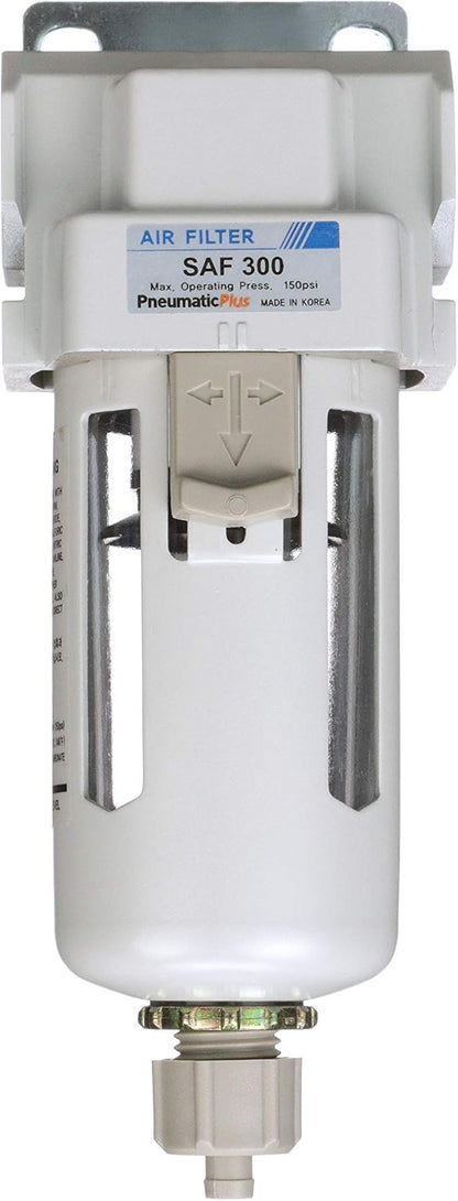 PneumaticPlus SAF300-N03B Compressed Air Particulate Filter 3/8" NPT, 10 Micron, Poly Bowl, Manual Drain, Bracket