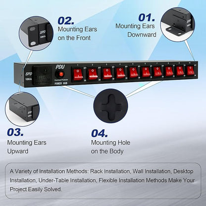10 Outlets 1U Horizontal PDU Network Rackmount Power Strip with Surge Protector, (SPD-10KA) 100-240V,15A 3600 Joules, w/10 LED Switches and 6ft 14 AWG Cord