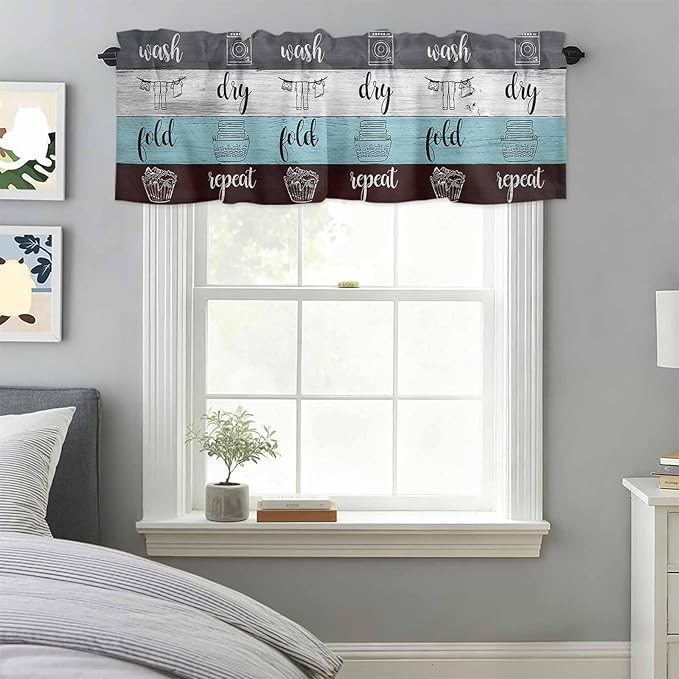 Laundry Rules Valances for Windows, Retro Blue White Wood Board Grain Kitchen Valance Light Filtering Rod Pocket Short Curtains for Kitchen Bathroom, 1 Panel, 56"x16"