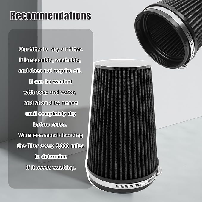 RYANSTAR 152mm 6" High Flow Round Tapered Cone Closed-Top Washable Clamp-On Dry Air Filter Long 265mm tall Black