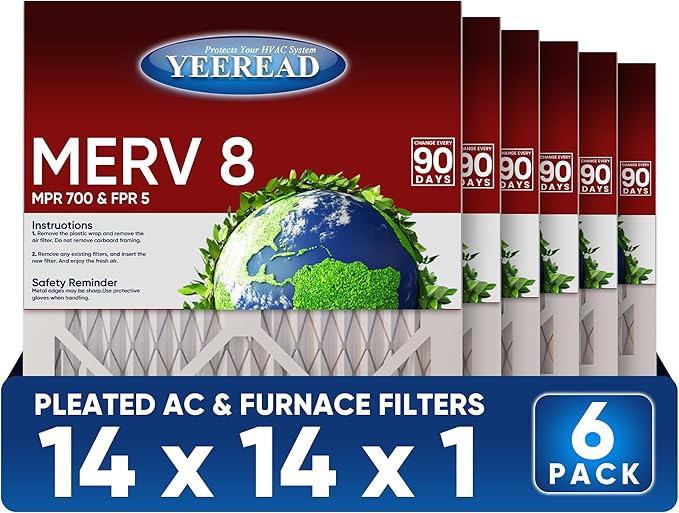 14x14x1 MERV 8 Air Filters 6-Pack, Actual Size 13.7" x 13.7" x 0.75" – Compatible with HVAC, Air Conditioners & Furnaces– High Particle Capture & Smooth Airflow