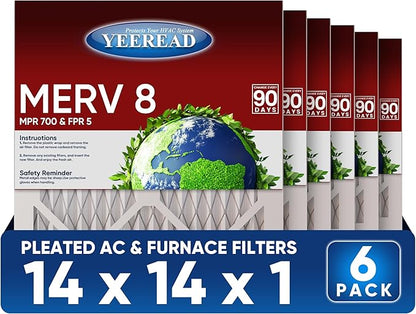 14x14x1 MERV 8 Air Filters 6-Pack, Actual Size 13.7" x 13.7" x 0.75" – Compatible with HVAC, Air Conditioners & Furnaces– High Particle Capture & Smooth Airflow
