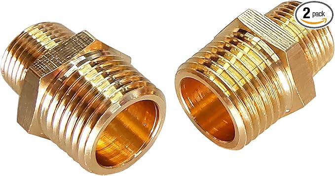2pcs 1/2" NPT x 3/8" NPT Brass Nipple, 1/2 to 3/8 Adapter Fitting Reducing Solid Hex Nipple, Brass 1/2 Male to 3/8 Male Reducer Pipe Fittings for Extending and Connecting Pipes