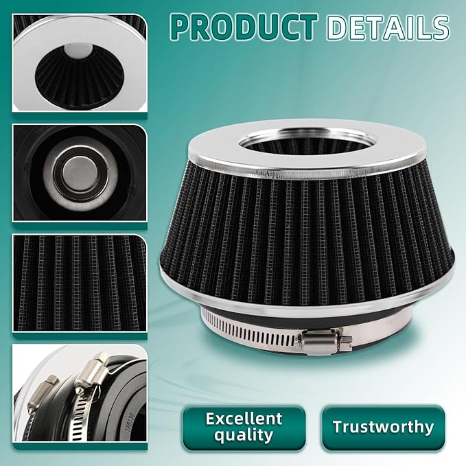 AUTOKAY Universal Clamp-On Air Filter Round Reverse Tapered Washable Filter 3 in/3.5 in/4 in Flange ID, 2.625 in (67 mm) Height, 6 in (152 mm) Base, 4.75 in Top, SPE-8161, Black