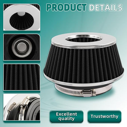 AUTOKAY Universal Clamp-On Air Filter Round Reverse Tapered Washable Filter 3 in/3.5 in/4 in Flange ID, 2.625 in (67 mm) Height, 6 in (152 mm) Base, 4.75 in Top, SPE-8161, Black