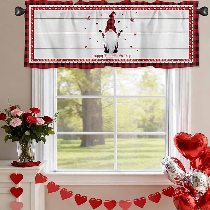 Valentine's Day Valance Curtains for Kitchen, Gnome Red Love Plaid Wood Grain Privacy Rod Pocket Valance Curtain, Light-Filtering Window Treatment for Bedroom Bathroom, 60"x14"