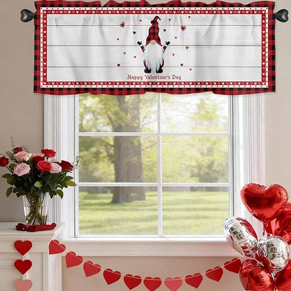 Valentine's Day Valance Curtains for Kitchen, Gnome Red Love Plaid Wood Grain Privacy Rod Pocket Valance Curtain, Light-Filtering Window Treatment for Bedroom Bathroom, 60"x14"