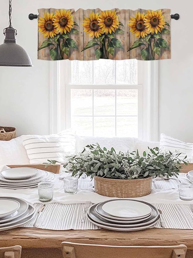 Kitchen Valances for Window, Watercolor Sunflower Retro Board Light Filtering Rod Pocket Valance Curtain, Farm Brown Wood Grain Short Curtains Window Topper for Bedroom Bathroom Living Room 42x12in