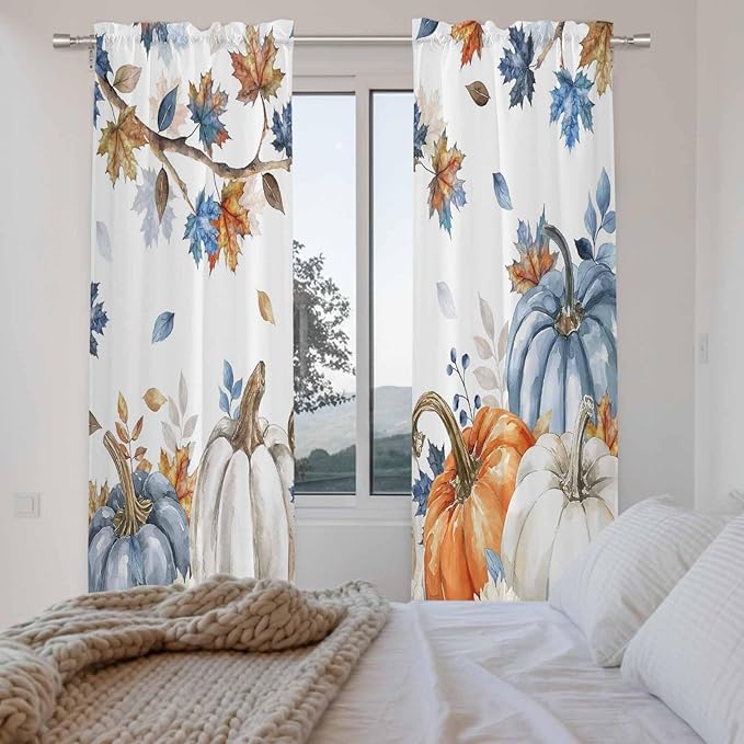 Navy Blue Pumpkin Fall Window Curtains 72 Inch Long 2 Panel Set,Rod Pocket Long Curtains & Drapes,Thanksgiving Maple Leaves Branches Window Treatment for Bedroom Living Room 52"W x 72"L