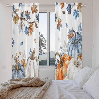 Navy Blue Pumpkin Fall Window Curtains 72 Inch Long 2 Panel Set,Rod Pocket Long Curtains & Drapes,Thanksgiving Maple Leaves Branches Window Treatment for Bedroom Living Room 52"W x 72"L