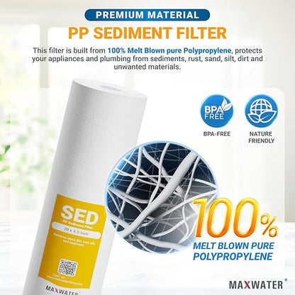 Max Water 1 Micron 20 x 4.5 Sediment Filter 20 inch Whole House BB Water Filteration System Replacement Compatible Cartridge DGD-5005-20, FP25B, AP810-6, FPMB5-20, P5-20, 155358-43, SDC-45-2005