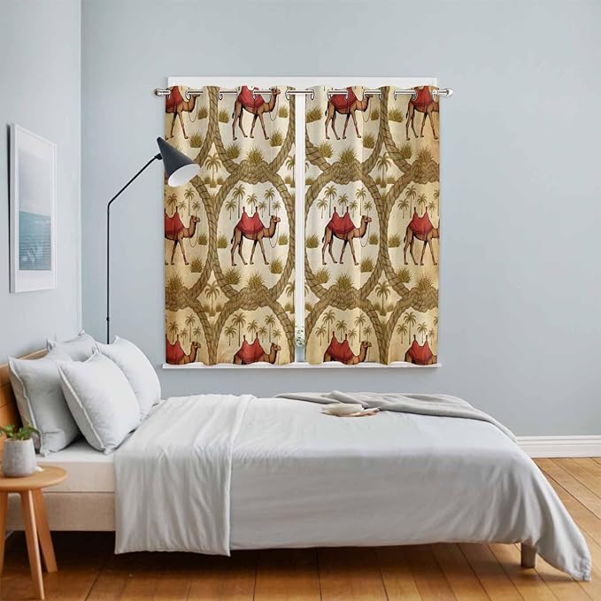 2 Panel Kitchen Cafe Curtains, Brown Desert Camels Sunlight Filtering Nature Air Through, Window Decor Tier Curtains for Living Room 80W x 63L inch Tropical Date Coconut Trees Cords Leaves