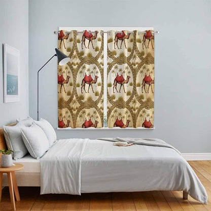 2 Panel Kitchen Cafe Curtains, Brown Desert Camels Sunlight Filtering Nature Air Through, Window Decor Tier Curtains for Living Room 80W x 63L inch Tropical Date Coconut Trees Cords Leaves