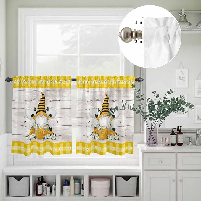 Yellow Gnomes Kitchen Curtains Set 3 Piece for Windows, Rod Pocket Valance and Tier Set 36 Inch Length, Spring Bees Daisy Plaid Wooden Grain Light Filtering Cafe Curtains for Living Room Bathroom