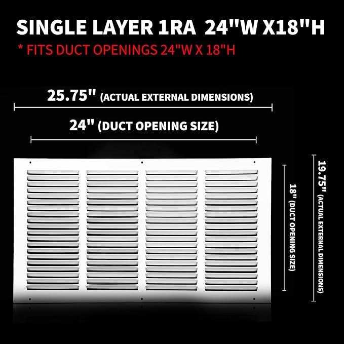 Return Vent Cover 24x18(Duct Opening Size),Air Return Vent Cover,Flat Vent Cover,Rejillas De Aire Acondicionado Para Casa,Return Air Grilles,Outer Dimensions:25.75"Wx19.75"H(24"W x 18"H, Duct Opening)