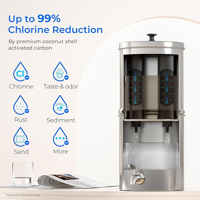 Waterdrop Gravity Water Filter, 2.25G Stainless-Steel System with Silver Ions Enhanced Filtration with 2 Black Carbon Filters, NSF/ANSI 42&372 Standard, Reduces Chlorine for Emergencies