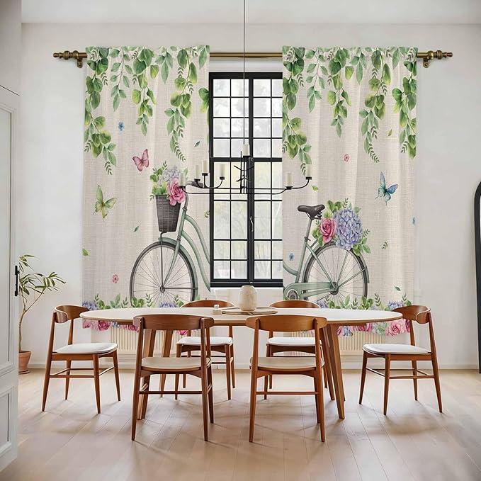 Farmhouse Spring Kitchen Curtains, Retro Bicycles Flowers Vines Butterfly Light Filtering Window Curtain Panels, 2Pcs Rod Pocket Window Treatments Set for Living Room Bathroom Bedroom 52x72 Inches