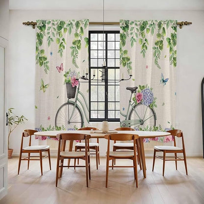 Farmhouse Spring Kitchen Curtains, Retro Bicycles Flowers Vines Butterfly Light Filtering Window Curtain Panels, 2Pcs Rod Pocket Window Treatments Set for Living Room Bathroom Bedroom 52x72 Inches