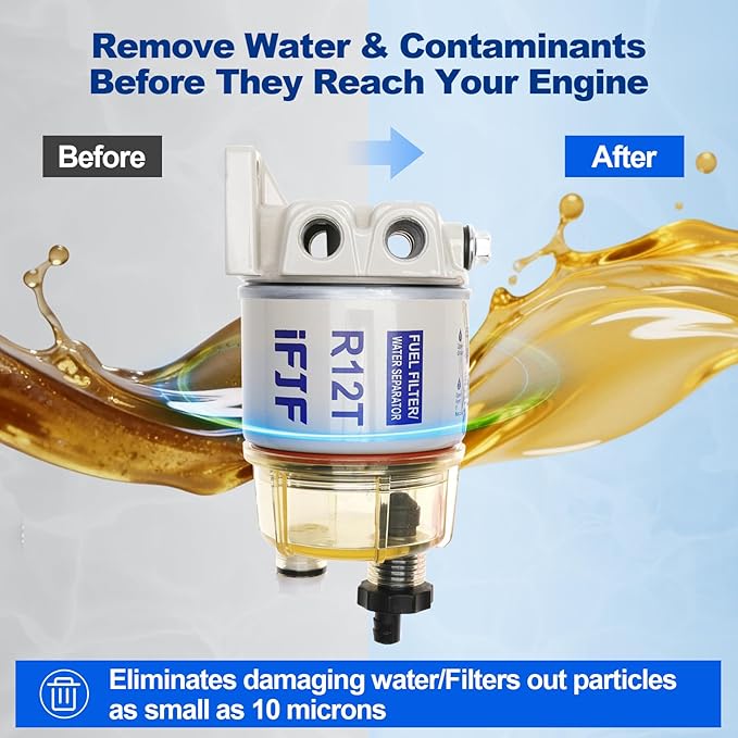 iFJF R12T Fuel Water Separator Marine Assembly - 10 Micron Diesel Engine Filter with 15 GPH Flow Rate - NPT ZG1/4-19 Ports 2 Fittings & 2 Plugs Replaces S3240 120AT 18-7987 for Boat Tractor Skid Steer