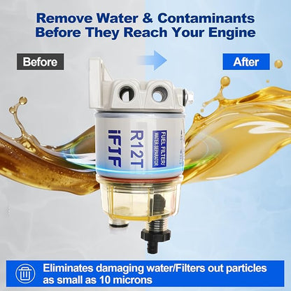 iFJF R12T Fuel Water Separator Marine Assembly - 10 Micron Diesel Engine Filter with 15 GPH Flow Rate - NPT ZG1/4-19 Ports 2 Fittings & 2 Plugs Replaces S3240 120AT 18-7987 for Boat Tractor Skid Steer