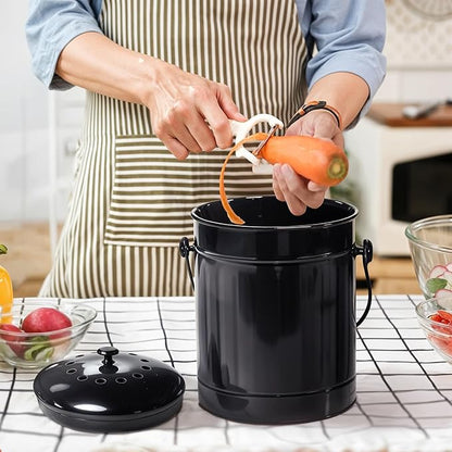 Plexon Black Metal Compost Bin with Airflow Lid and Charcoal Filter, 1.5 Gallon, Compost Pail for Kitchen Countertop