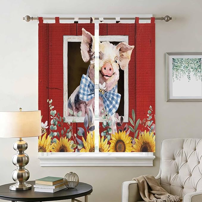 Pig Sunflowers Bedroom Curtains 72 Inch Length, Window Curtains Tab Top, Eucalyptus Leaves Floral Bees Red Barn Light Filtering Window Treatments Drapes 52"x72" 2 Panel